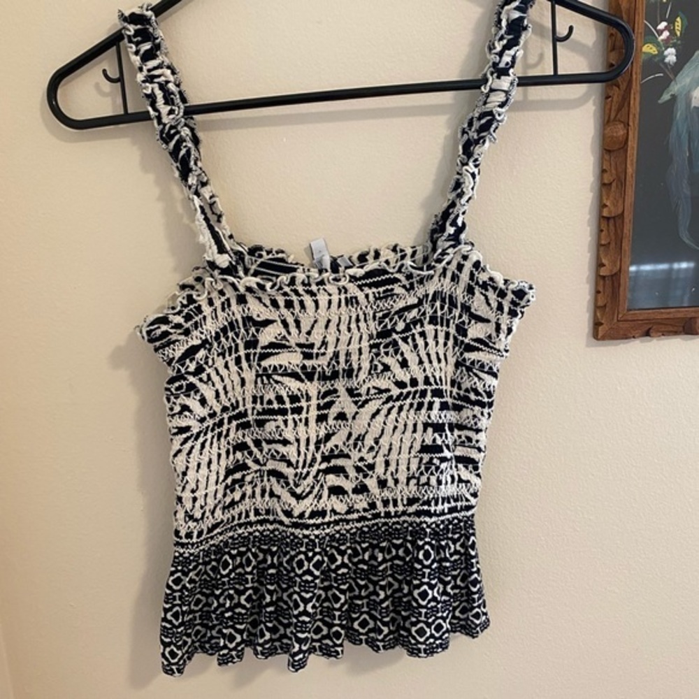 Patrons of peace black and beige patterned ruffle tank top crop top